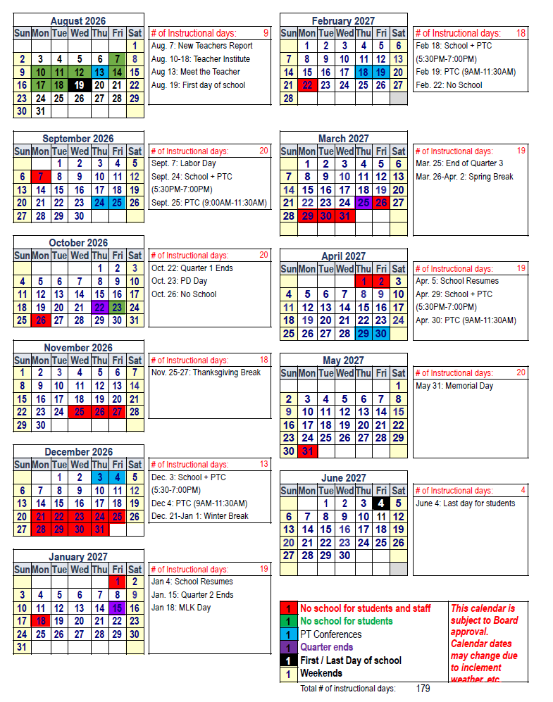 Milwaukee Math and Science Academy 2026-2027 academic calendar